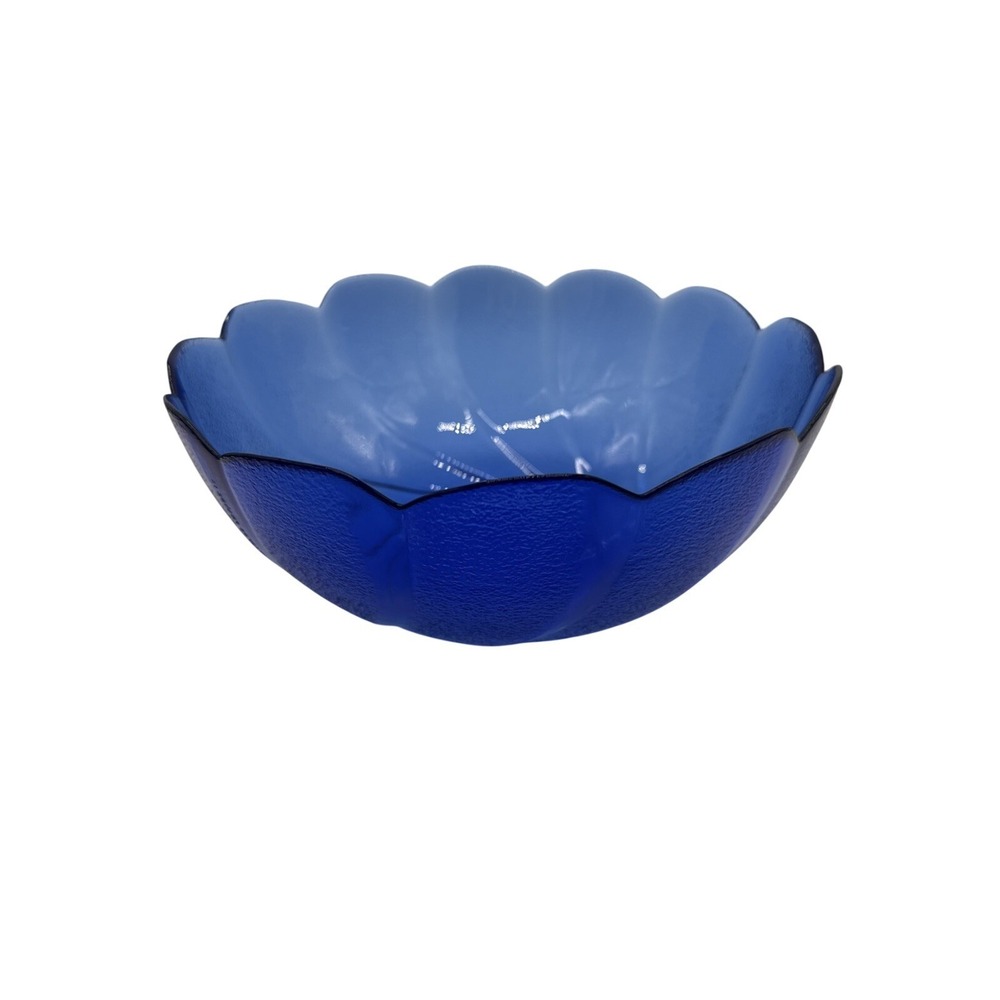Vintage Arcoroc France Cobalt Blue Swirl 9.5" Scalloped Edge Textured Glass Bowl